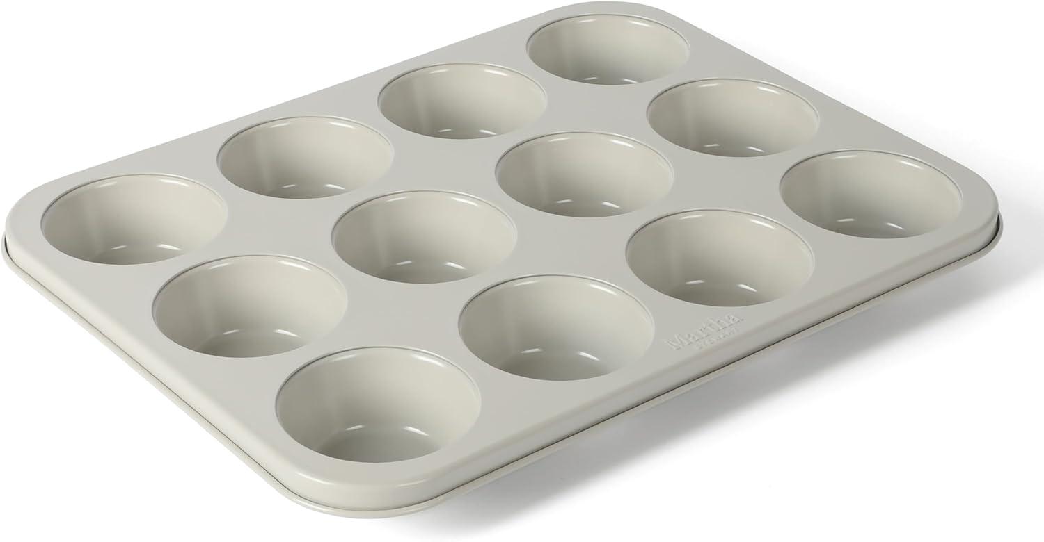 imageMartha Stewart Gallen 10 Piece Baking Pans Ceramic PFA Free Non Toxic Non Stick Bakeware Set Linen WhiteCool Gray