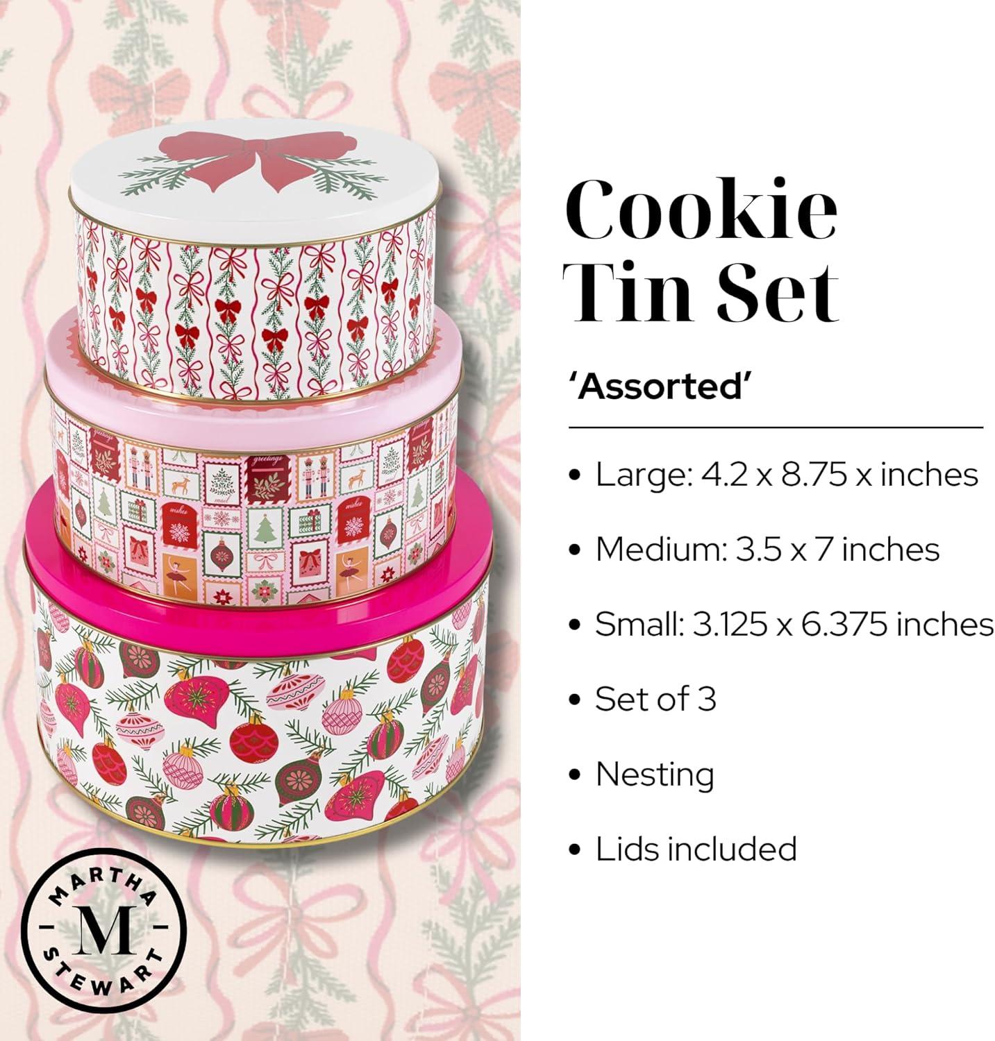 imageMartha Stewart Metal Cookie Tins 3Piece Nesting Set Small Medium ampamp Large Christmas Containers for Gift ampamp Storage Ornaments and Bows