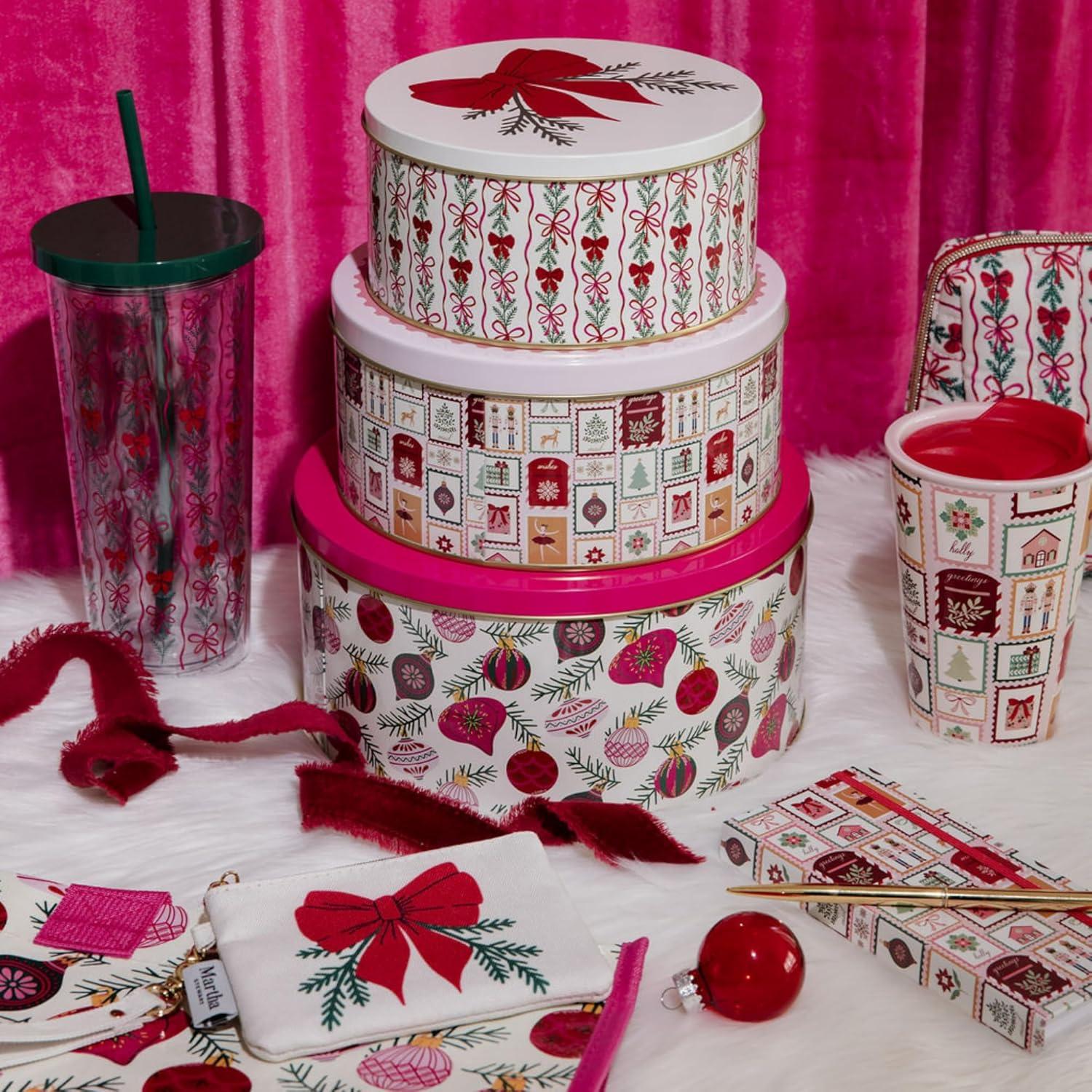 imageMartha Stewart Metal Cookie Tins 3Piece Nesting Set Small Medium ampamp Large Christmas Containers for Gift ampamp Storage Ornaments and Bows