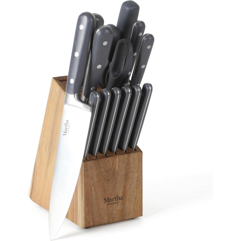 imageMARTHA STEWART Eastwalk 14 Piece High Carbon Staineless Steel Cutlery Knife Block Set wABS Triple Riveted Forged Handle Acacia Wood Block  RedGray