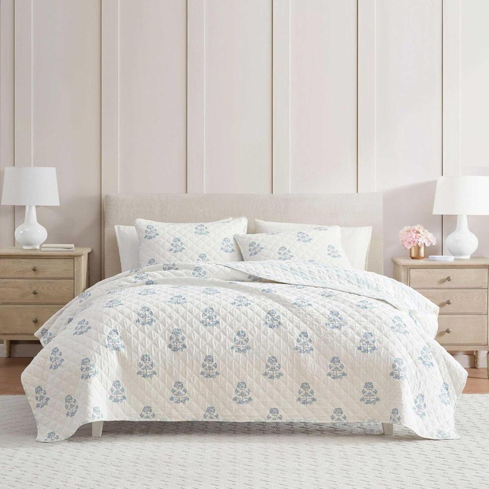 imageMartha Stewart Queen Quilt Set 100 Cotton Reversible Bedding Set Incredibly Soft Feel for Year Round Comfort 3 Piece Bed Set with Matching Pillowcases Vine Flora GreenFlower Block Blue