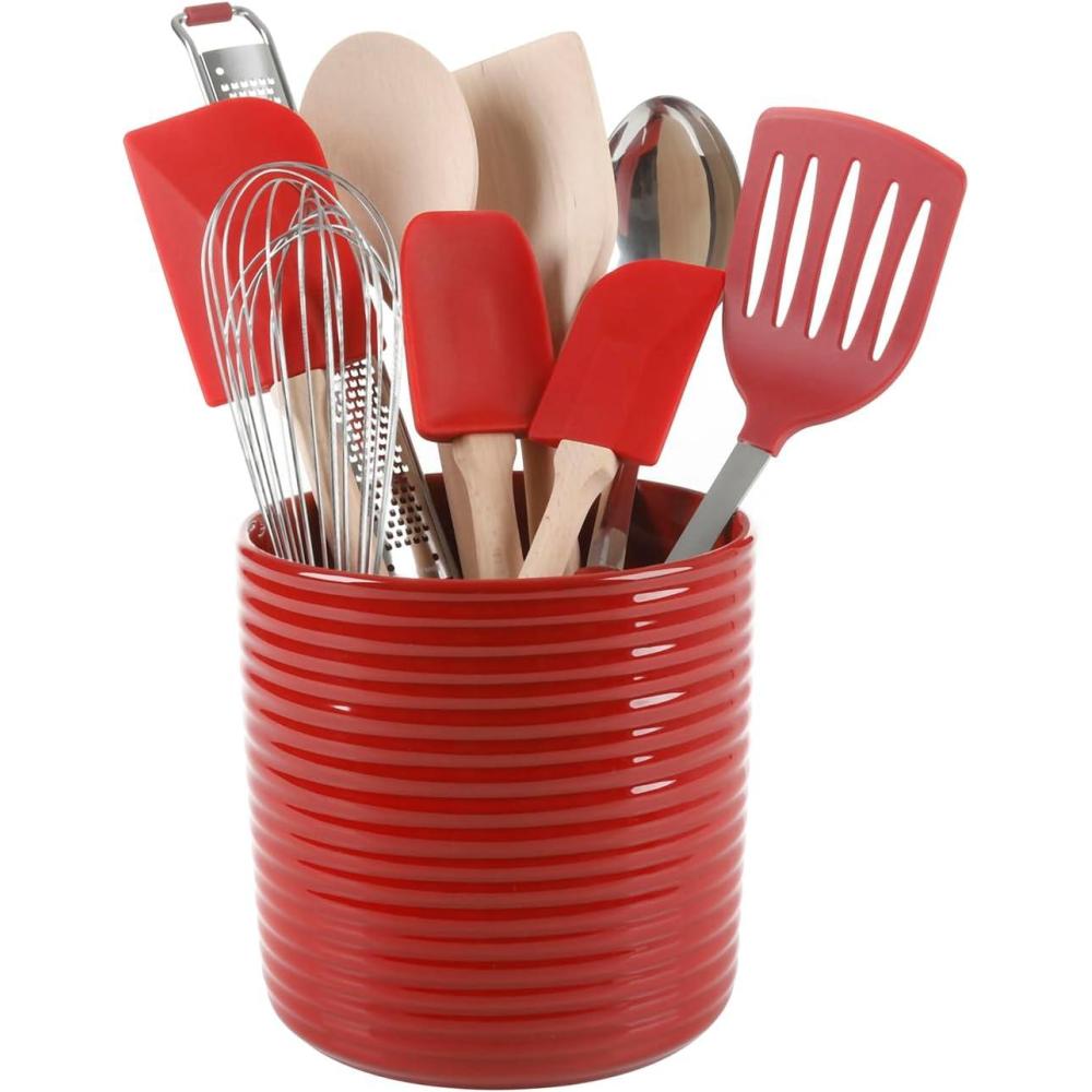 imageMartha Stewart 10 Piece Tools and Gadget Set WCeramic Crock Linen White wGrey ToolsRed