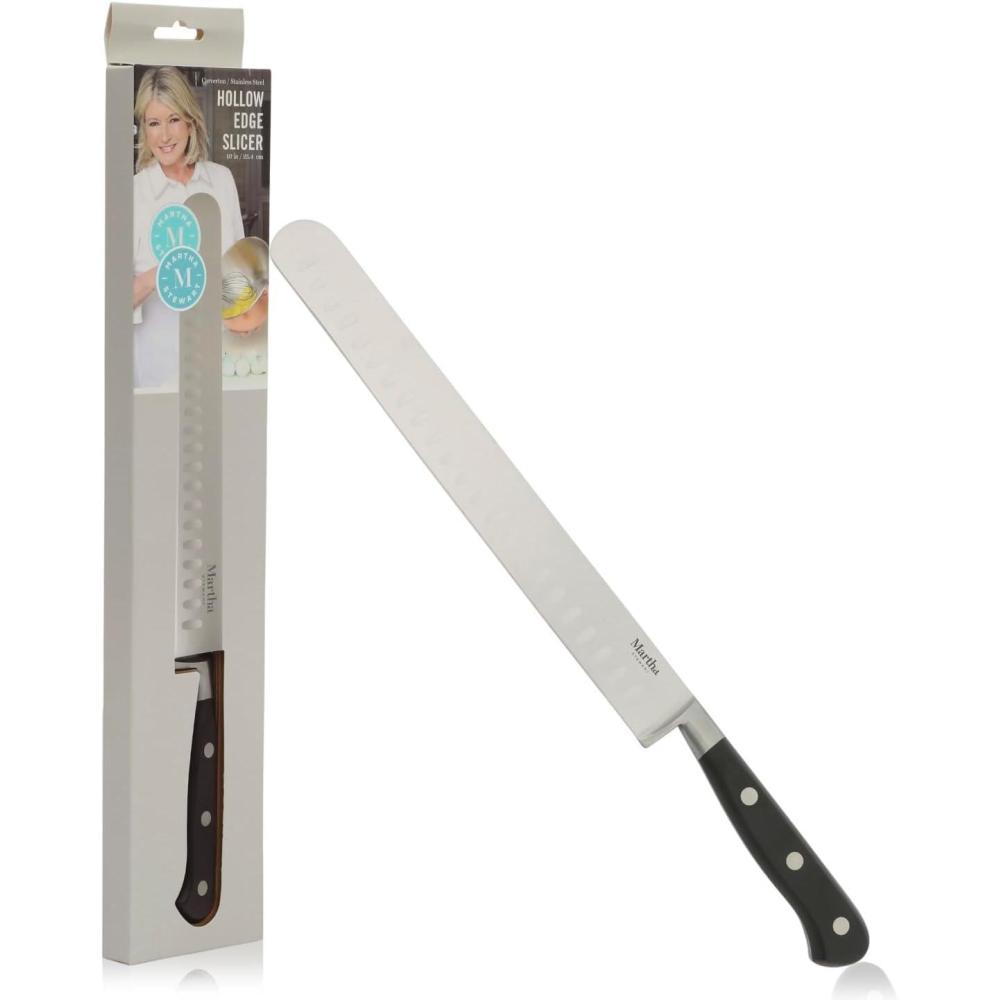 imageMartha Stewart 16 Piece Lockton High Carbon Stainless Steel Cutlery Kitchen Knife Block Set WABS Tripe Riveted Forged Handle Acacia Wood Block  Linen White WGoldStainless Steel  Black Hollow Edge Slicer