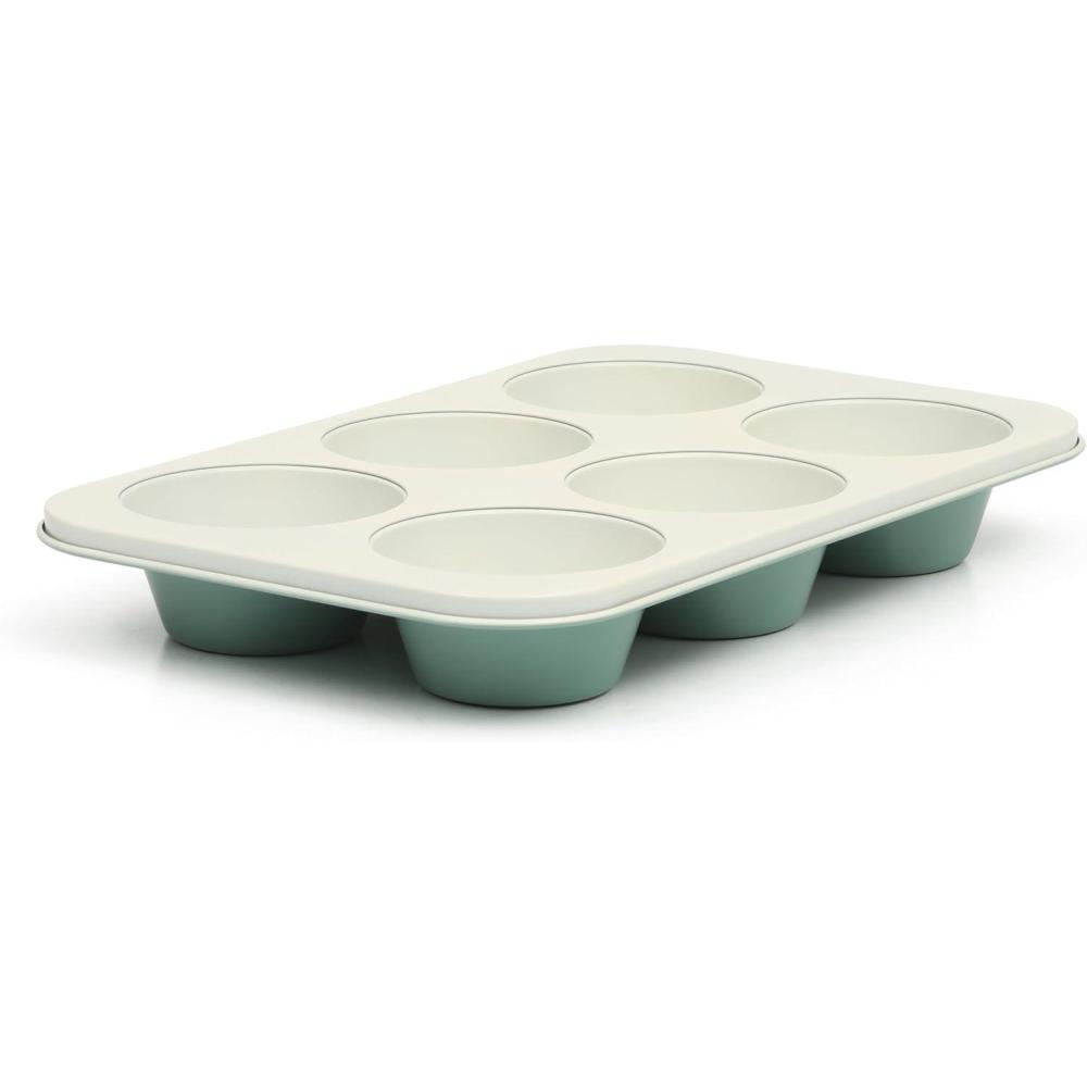 imageMartha Stewart Gallen 10 Piece Baking Pans Ceramic PFA Free Non Toxic Non Stick Bakeware Set Linen WhiteTeal