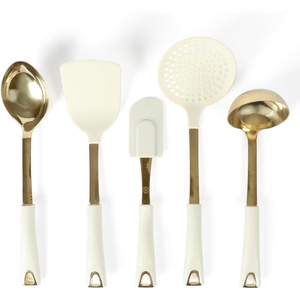 imageMartha Stewart Lockton 5Piece Kitchen Tool Set Stainless Steel ampamp Nylon Cooking Utensils with Linen Handles and Gold Accents Durable HeatResistant Kitchen Gadgets