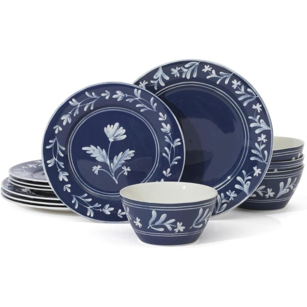 imageMartha Stewart Maiden Crown 12Piece Sage Green Dinnerware Set  New Bone China Ceramic Plates ampamp Bowls  Floral Design  Service for 4  Microwave ampamp Dishwasher SafeSky Blue