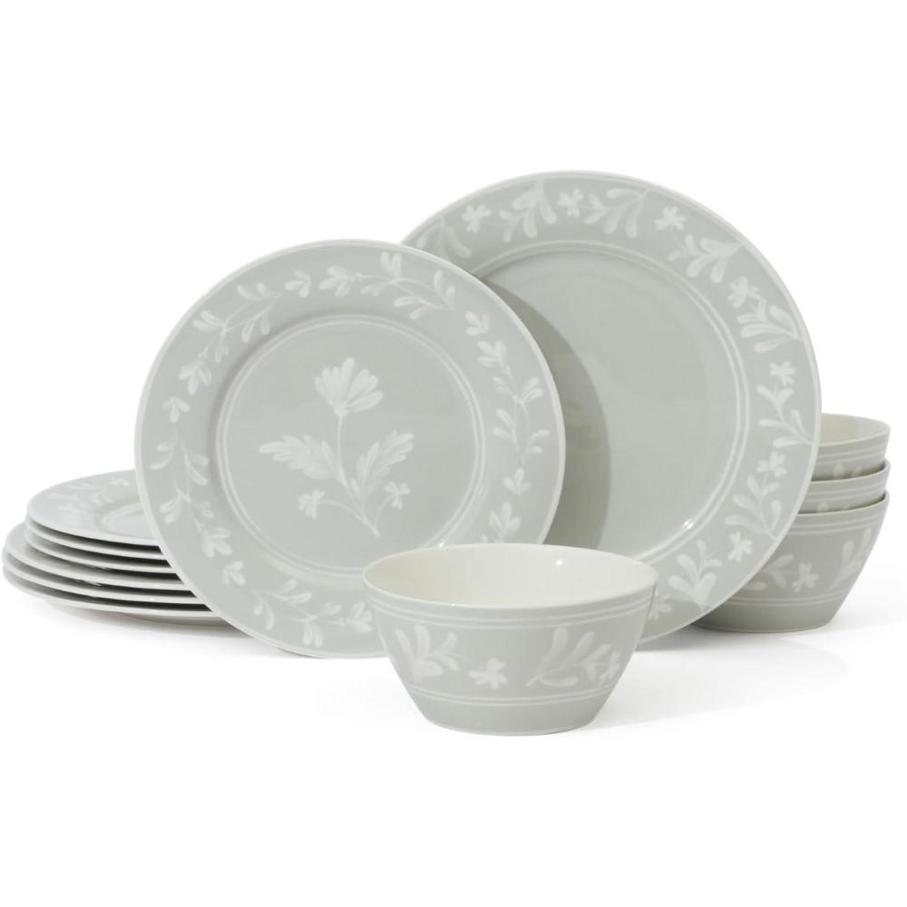 imageMartha Stewart Maiden Crown 12Piece Sage Green Dinnerware Set  New Bone China Ceramic Plates ampamp Bowls  Floral Design  Service for 4  Microwave ampamp Dishwasher SafeSage Green