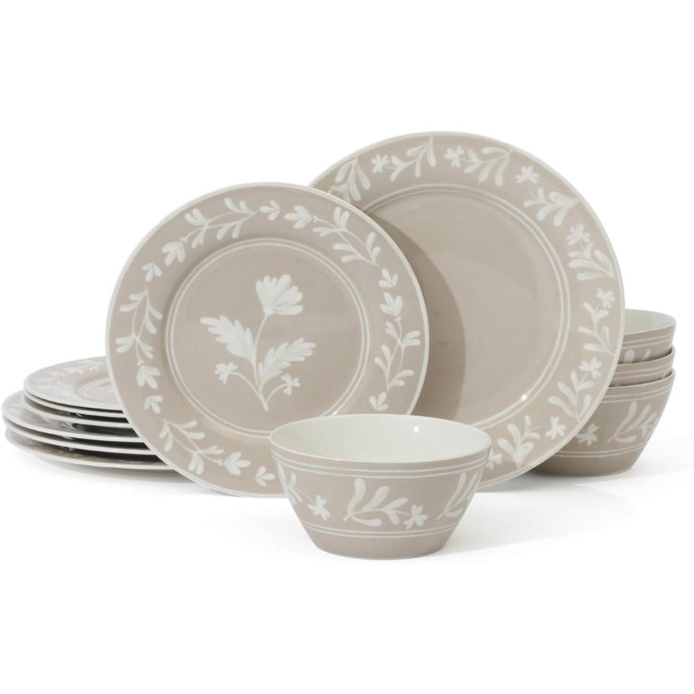 imageMartha Stewart Maiden Crown 12Piece Sage Green Dinnerware Set  New Bone China Ceramic Plates ampamp Bowls  Floral Design  Service for 4  Microwave ampamp Dishwasher SafeTaupe