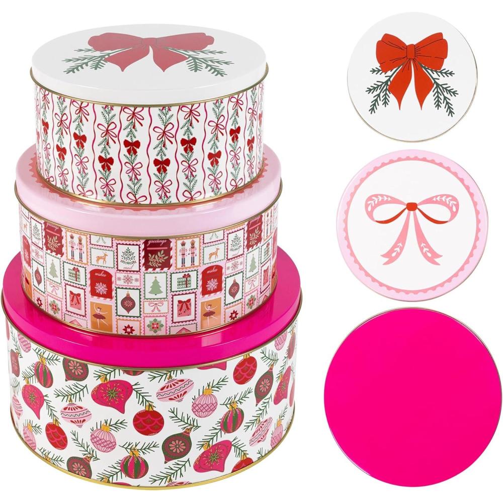 imageMartha Stewart Metal Cookie Tins 3Piece Nesting Set Small Medium ampamp Large Christmas Containers for Gift ampamp Storage Ornaments and Bows