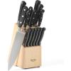 imageMartha Stewart 16 Piece Lockton High Carbon Stainless Steel Cutlery Kitchen Knife Block Set WABS Tripe Riveted Forged Handle Acacia Wood Block  Linen White WGoldBlack Knife Block