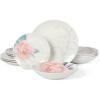 Martha Stewart Maiden Crown 12-Piece Sage Green Dinnerware Set – New Bone China Ceramic Plates & Bowls – Floral Design – Service for 4 – Microwave & Dishwasher Safe(Peony)