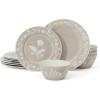 Martha Stewart Maiden Crown 12-Piece Sage Green Dinnerware Set – New Bone China Ceramic Plates & Bowls – Floral Design – Service for 4 – Microwave & Dishwasher Safe(Taupe)
