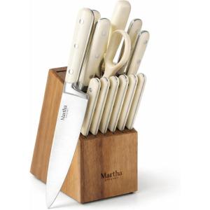 MARTHA STEWART Eastwalk 14 Piece High Carbon Staineless Steel Cutlery Knife Block Set w/ABS Triple Riveted Forged Handle Acacia Wood Block – Red(Linen)
