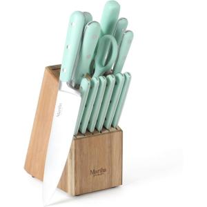 MARTHA STEWART Eastwalk 14 Piece High Carbon Staineless Steel Cutlery Knife Block Set w/ABS Triple Riveted Forged Handle Acacia Wood Block – Red(Martha Blue)
