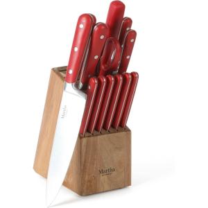 MARTHA STEWART Eastwalk 14 Piece High Carbon Staineless Steel Cutlery Knife Block Set w/ABS Triple Riveted Forged Handle Acacia Wood Block – Red(Red)