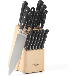 Martha Stewart 16 Piece Lockton High Carbon Stainless Steel Cutlery Kitchen Knife Block Set W/ABS Tripe Riveted Forged Handle Acacia Wood Block – Linen White W/Gold(Black Knife Block)