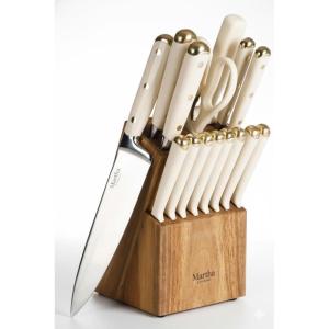 Martha Stewart 16 Piece Lockton High Carbon Stainless Steel Cutlery Kitchen Knife Block Set W/ABS Tripe Riveted Forged Handle Acacia Wood Block – Linen White W/Gold(Linen W/ Gold Knife Block)
