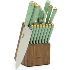 Martha Stewart 16 Piece Lockton High Carbon Stainless Steel Cutlery Kitchen Knife Block Set W/ABS Tripe Riveted Forged Handle Acacia Wood Block – Linen White W/Gold(Sage Green W/ Gold Knife Block)