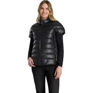 Martha Stewart Women’s PU Quilted Puffer Vest, Lightweight Down Outerwear, Sleeveless Faux Leather Zip Up(Black)