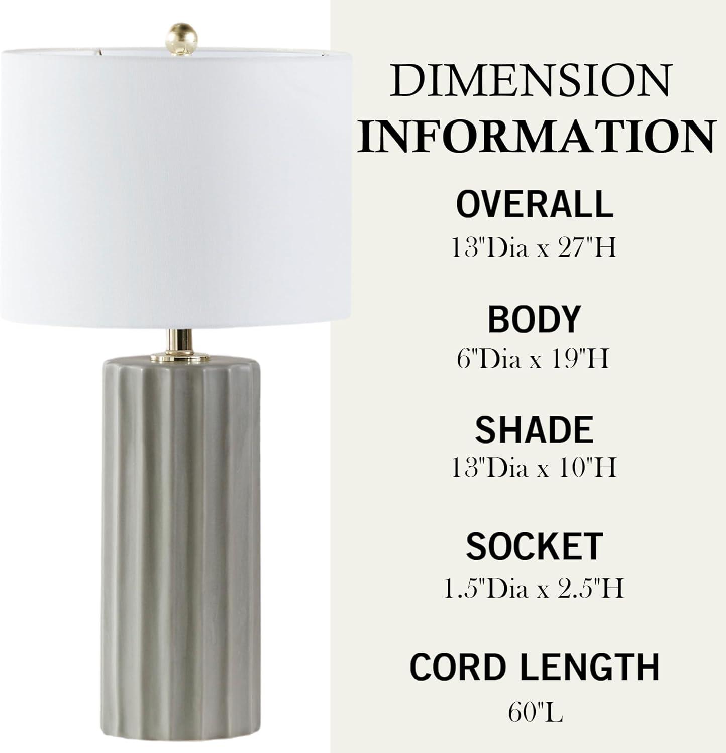 imageInkIvy Table Lamp for Bedroom  Ceramic Fluted Design Nightstand Lamp with Linen Drum Shade Clear Polarized Cord Rotary OnOff Switch On The Socket Accent Lamp Decor 27quot H Grey