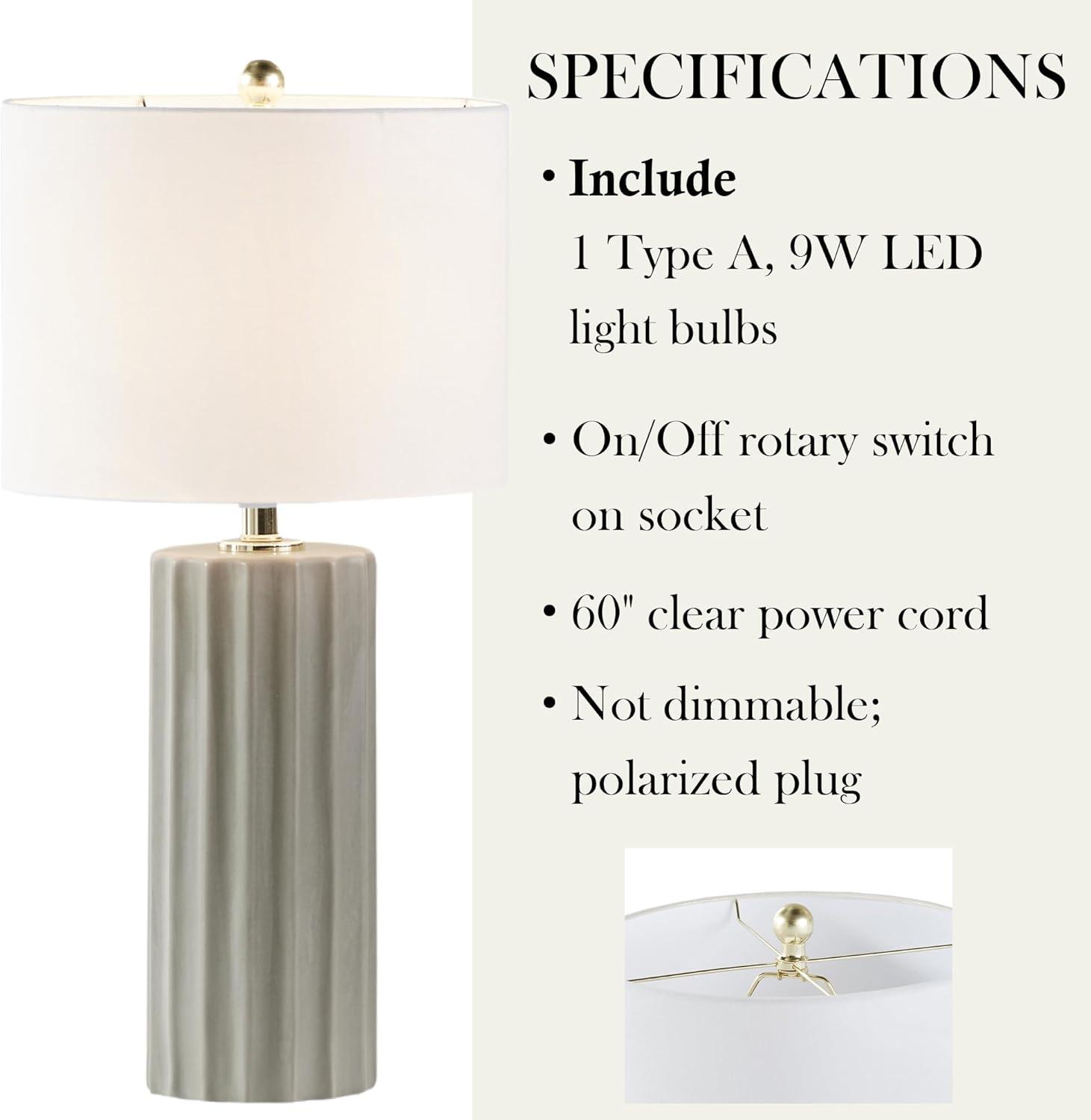imageInkIvy Table Lamp for Bedroom  Ceramic Fluted Design Nightstand Lamp with Linen Drum Shade Clear Polarized Cord Rotary OnOff Switch On The Socket Accent Lamp Decor 27quot H Grey