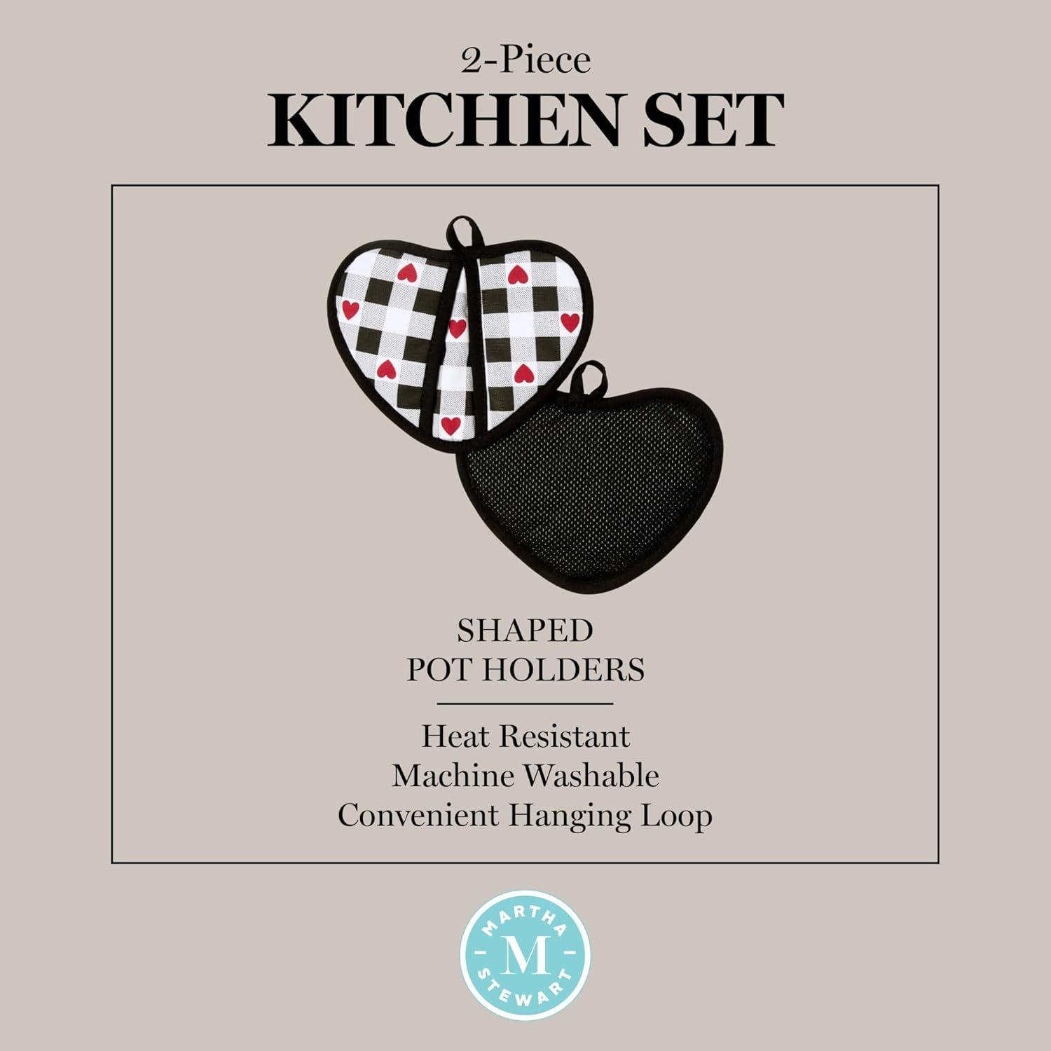 imageMARTHA STEWART Love Check Gingham Heart Shaped Pot Holder 2Pack Set 100 Cotton Heat Resistant with Flexible Silicone Grip Valentines Day Dcor BlackWhiteRed 7x85