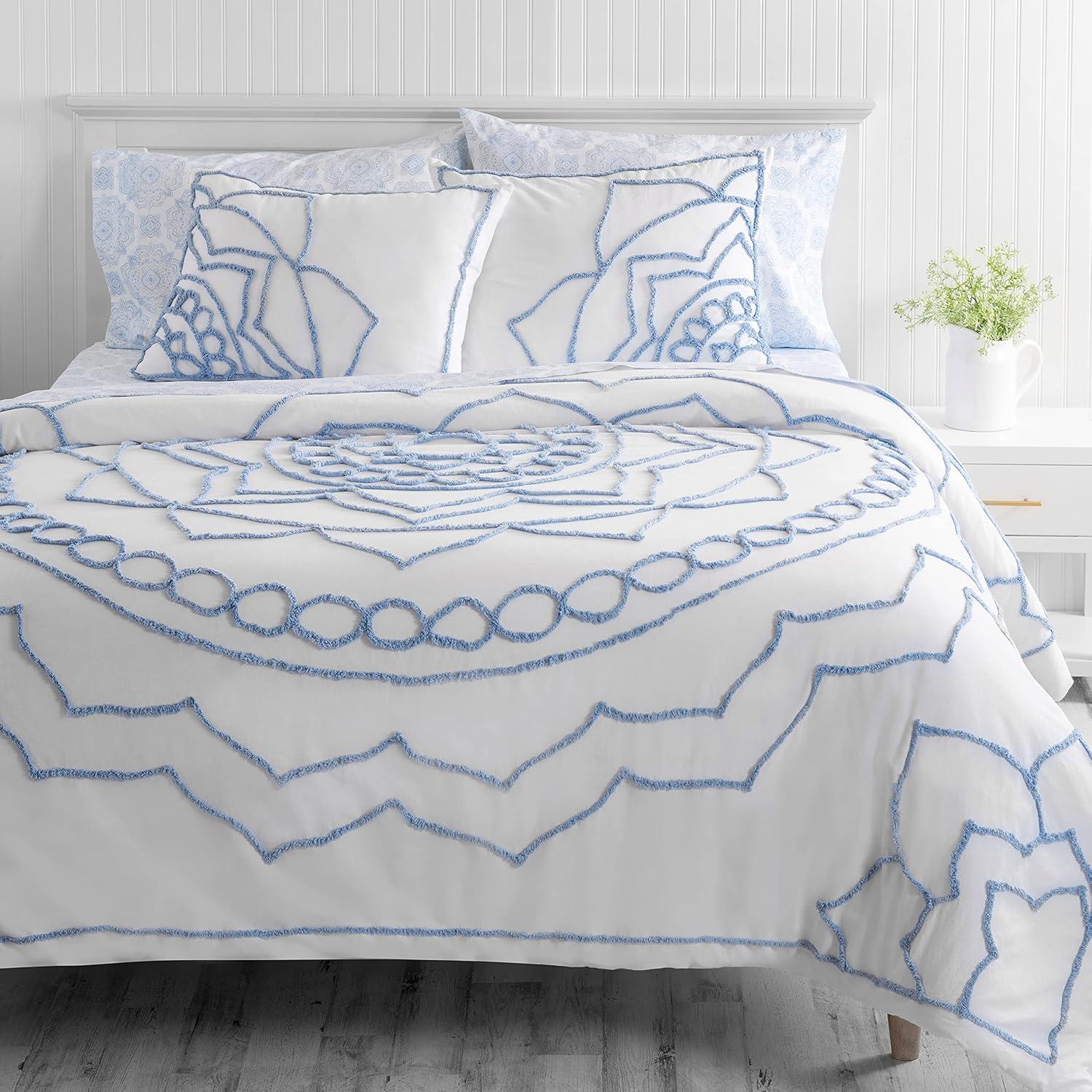 imageMARTHA STEWART Natalie King Size Duvet 3 Piece Set1 Duvet Cover 2 Pillow Shams Crinkle Velvet Texture Soft ampamp Royal Machine Wash 104quotx92quot with Button Closure ChampagneSoft Blue