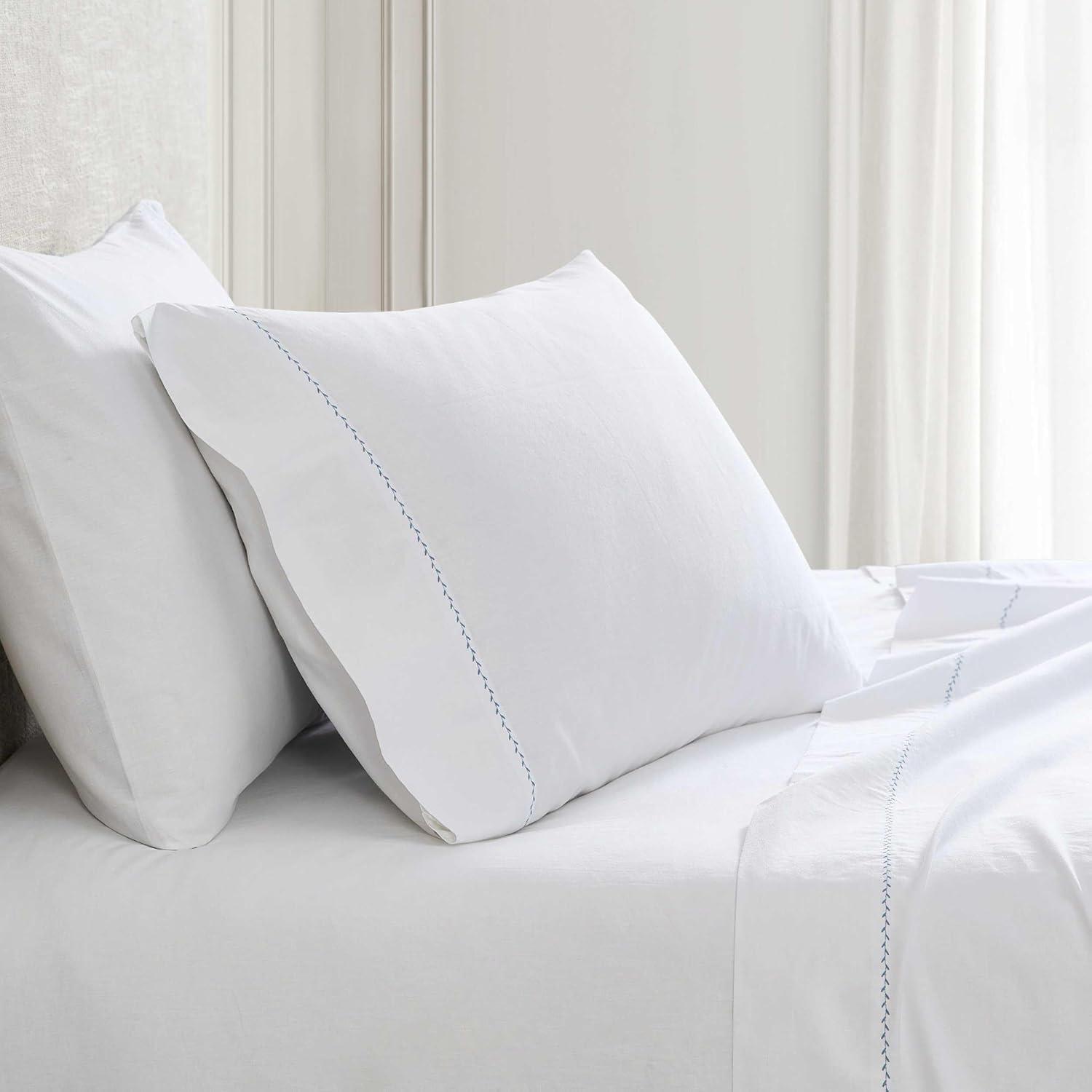 imageMartha Stewart  Full Size Sheets Set Crisp ampamp Tailored Cooling Sheets wa Naturally Smooth Cotton Percale Lightweight Feel  Bed Sheets with Matching Pillowcases ampamp Fitted Sheet Skylands Solid BlueLilly Pond Leaf Blue