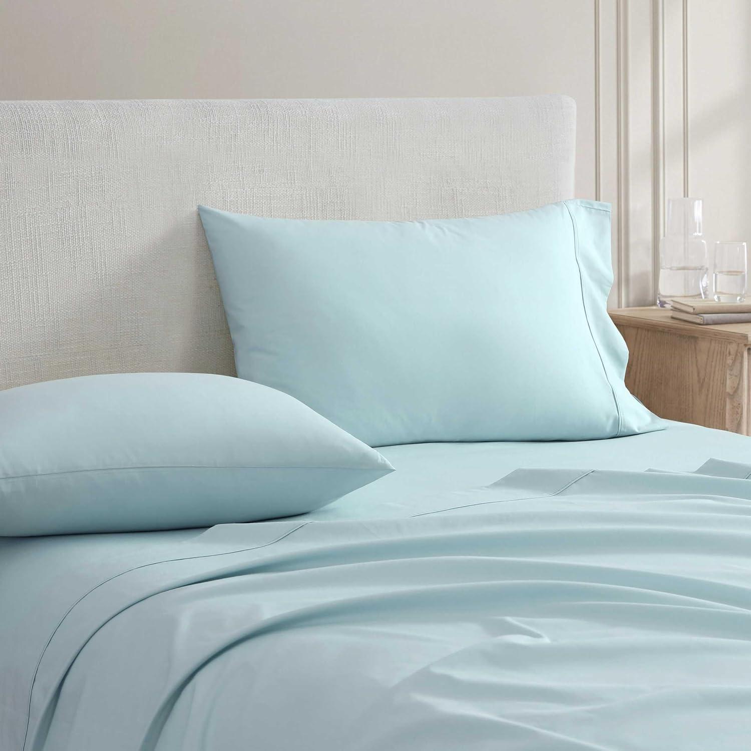 imageMartha Stewart  Full Size Sheets Set Crisp ampamp Tailored Cooling Sheets wa Naturally Smooth Cotton Percale Lightweight Feel  Bed Sheets with Matching Pillowcases ampamp Fitted Sheet Skylands Solid BlueSkylands Solid Blue