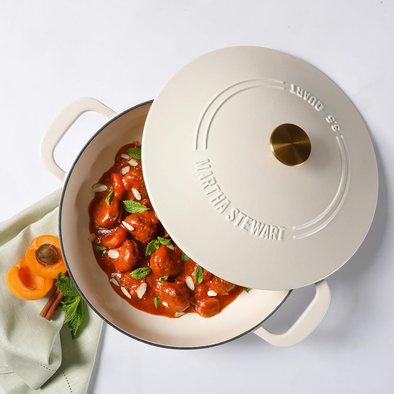 imageMartha Stewart 35Quart Enameled Cast Iron Dutch Oven Braiser Martha Blue Durable Nonstick Dutch Oven for Slow Cooking Braising and BakingLinen w Gold Knob Braiser