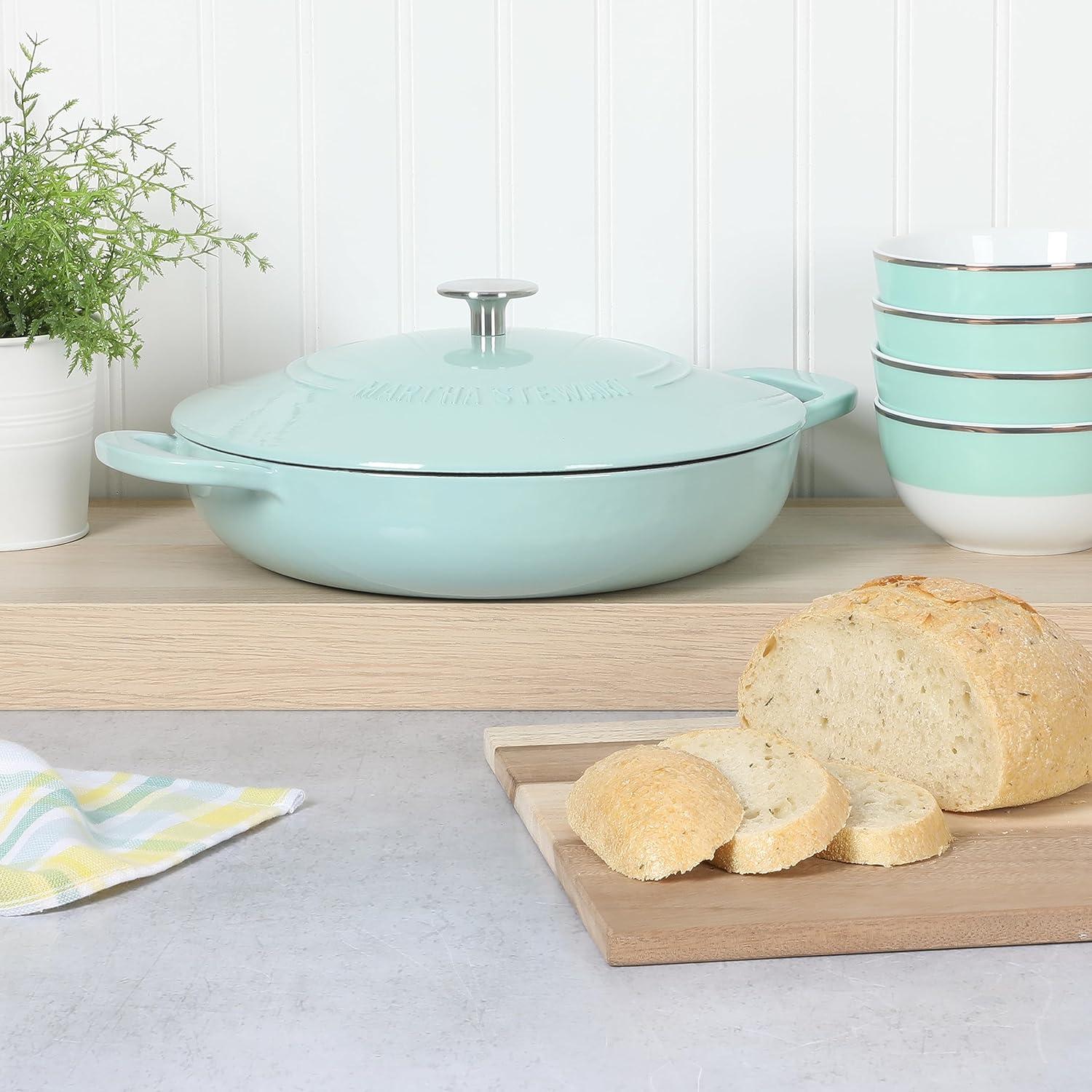 imageMartha Stewart 35Quart Enameled Cast Iron Dutch Oven Braiser Martha Blue Durable Nonstick Dutch Oven for Slow Cooking Braising and BakingMartha Blue w Gold Knob Braiser