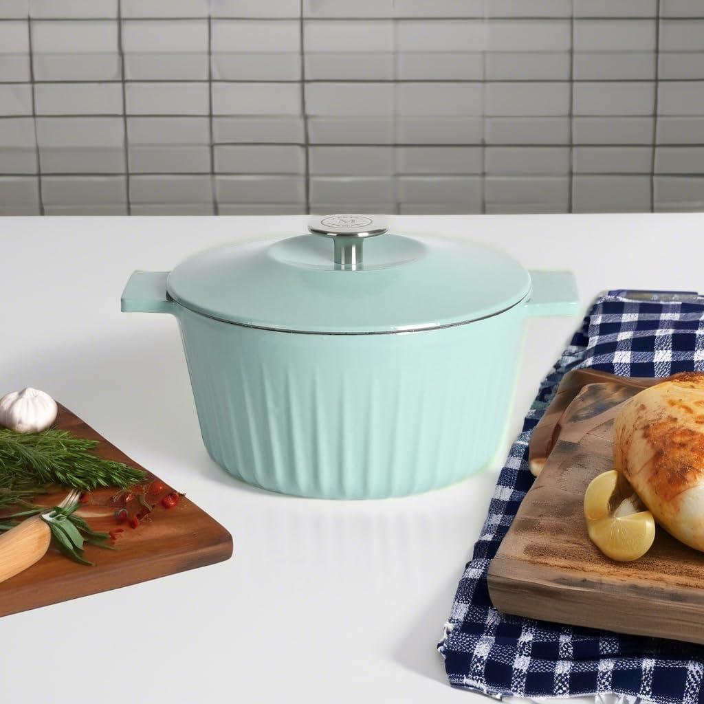 imageMartha Stewart 35Quart Enameled Cast Iron Dutch Oven Braiser  Martha Blue Durable Nonstick Dutch Oven for Slow Cooking Braising and BakingMartha Blue