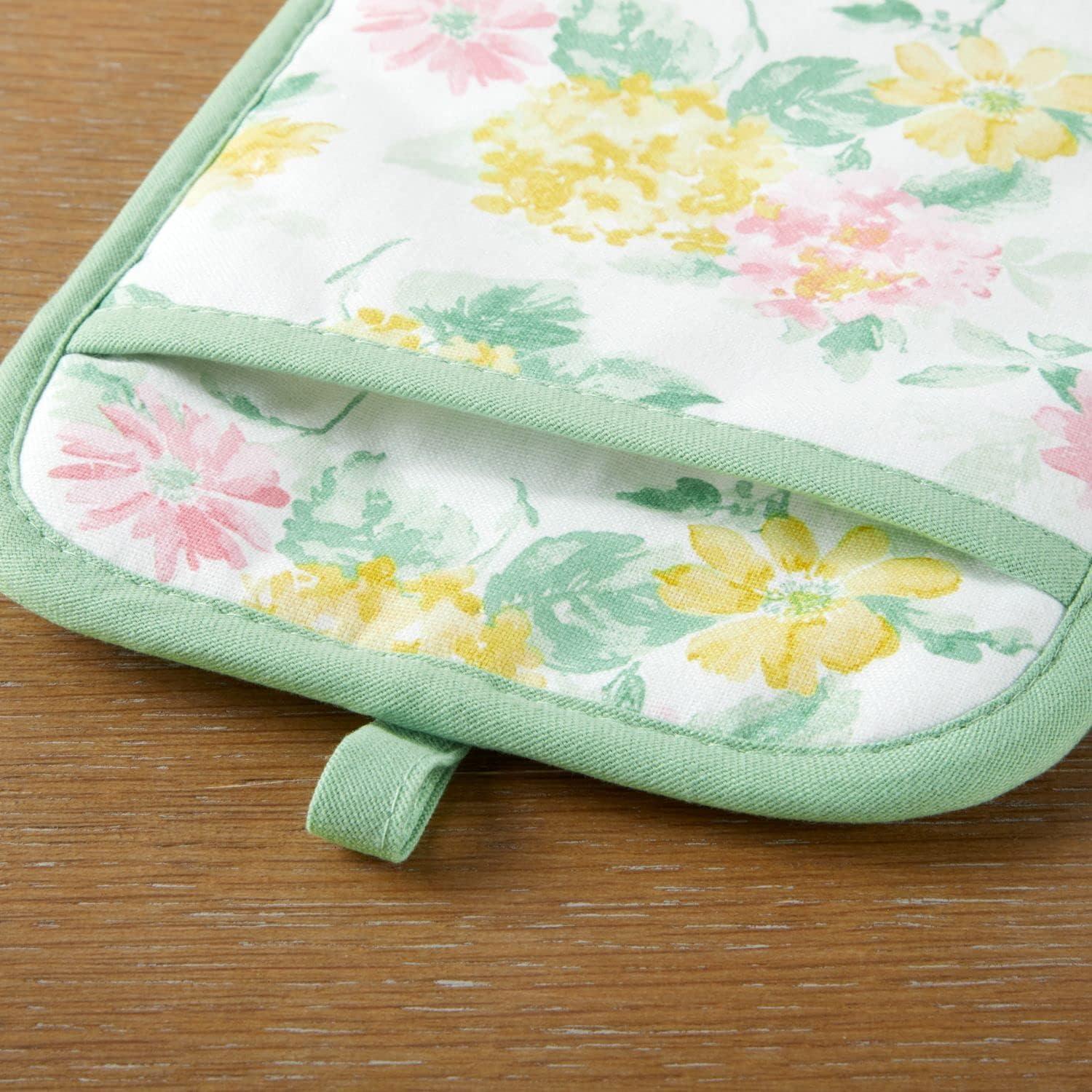 imageMartha Stewart Amber Floral Oven Mitt ampamp Pot Holder Set 2Pack PinkYellow OM 7quotx13quot ampamp PH 7quotx10quotPetal Pink