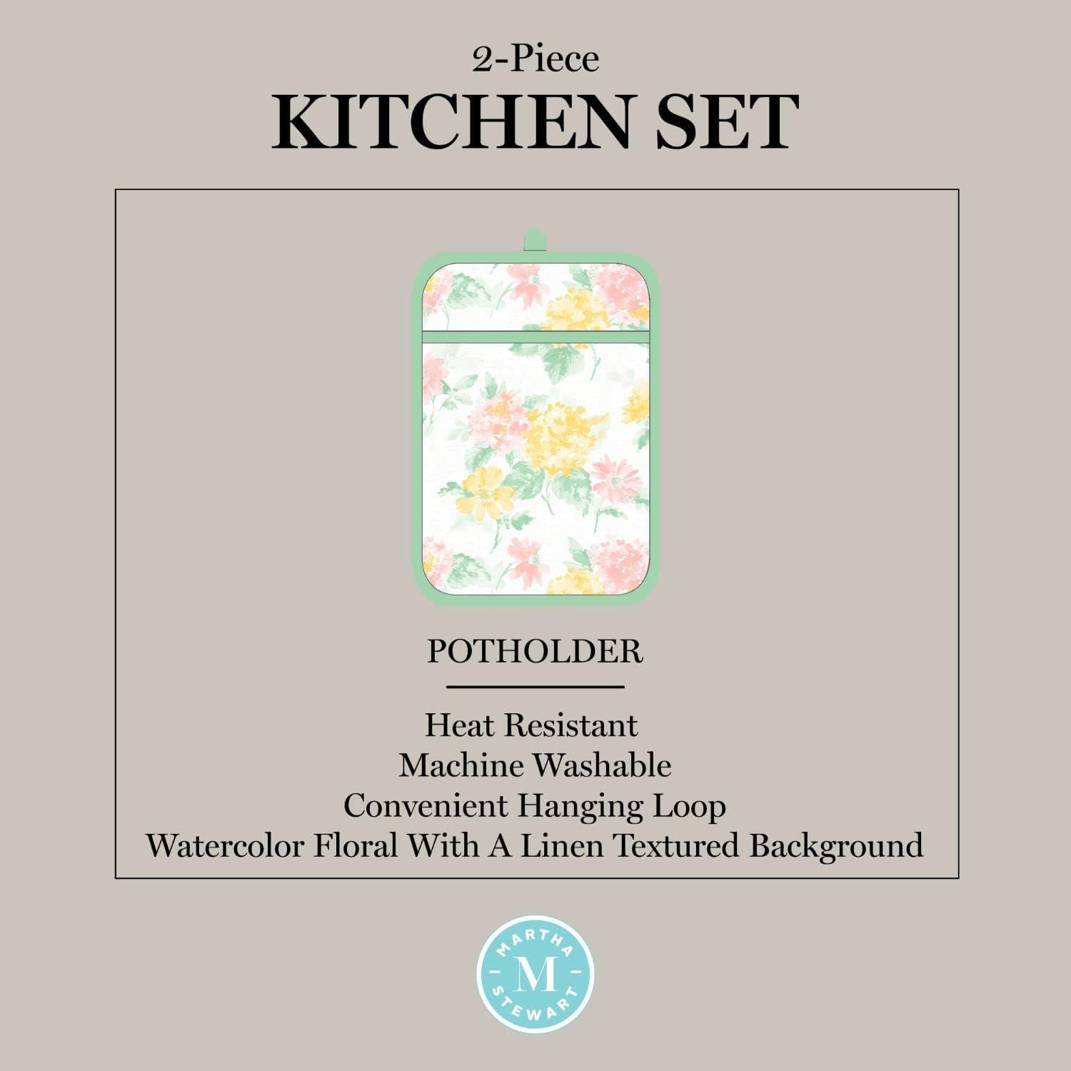 imageMartha Stewart Amber Floral Oven Mitt ampamp Pot Holder Set 2Pack PinkYellow OM 7quotx13quot ampamp PH 7quotx10quotPetal Pink