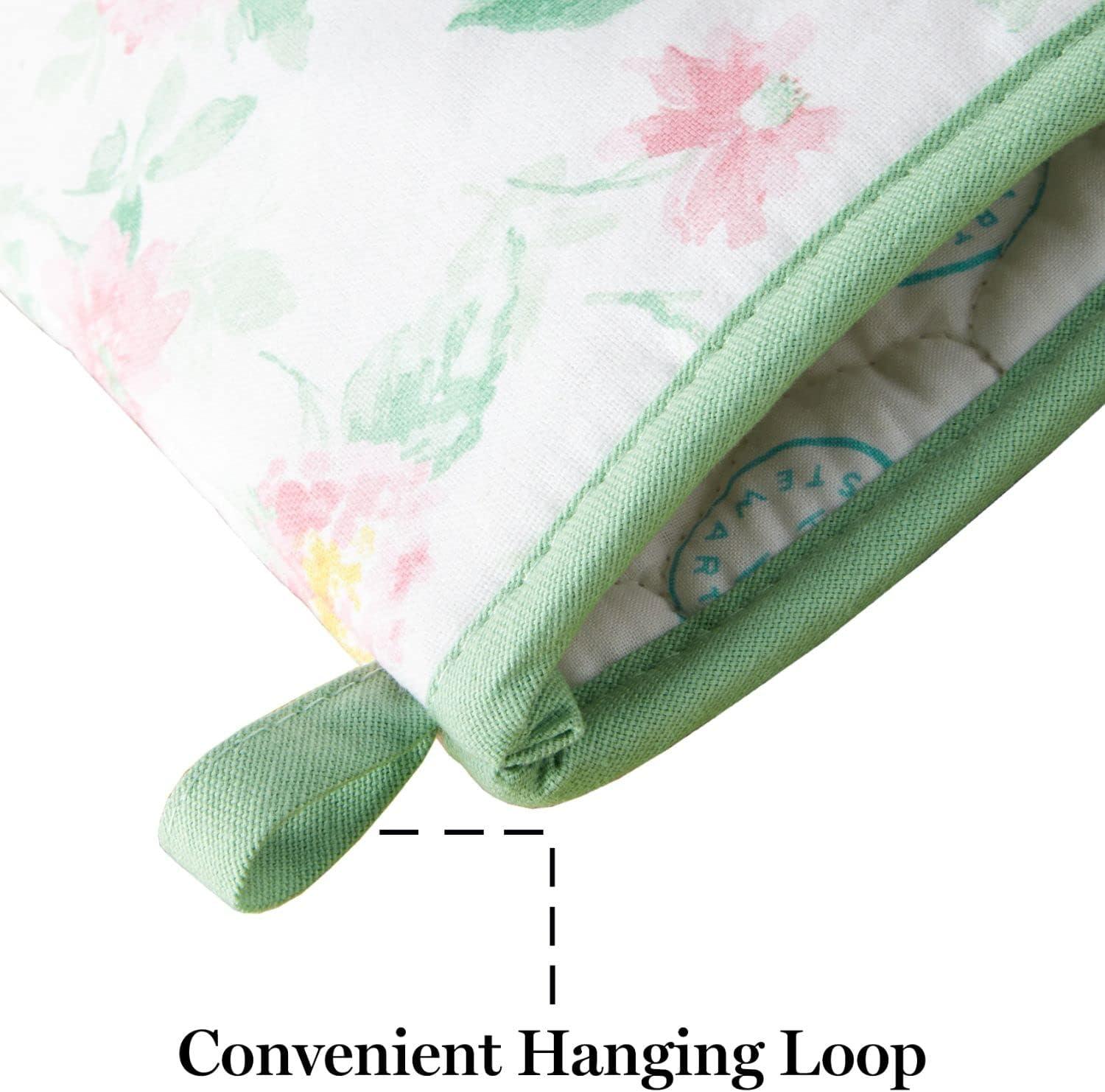 imageMartha Stewart Amber Floral Oven Mitt ampamp Pot Holder Set 2Pack PinkYellow OM 7quotx13quot ampamp PH 7quotx10quotPetal Pink