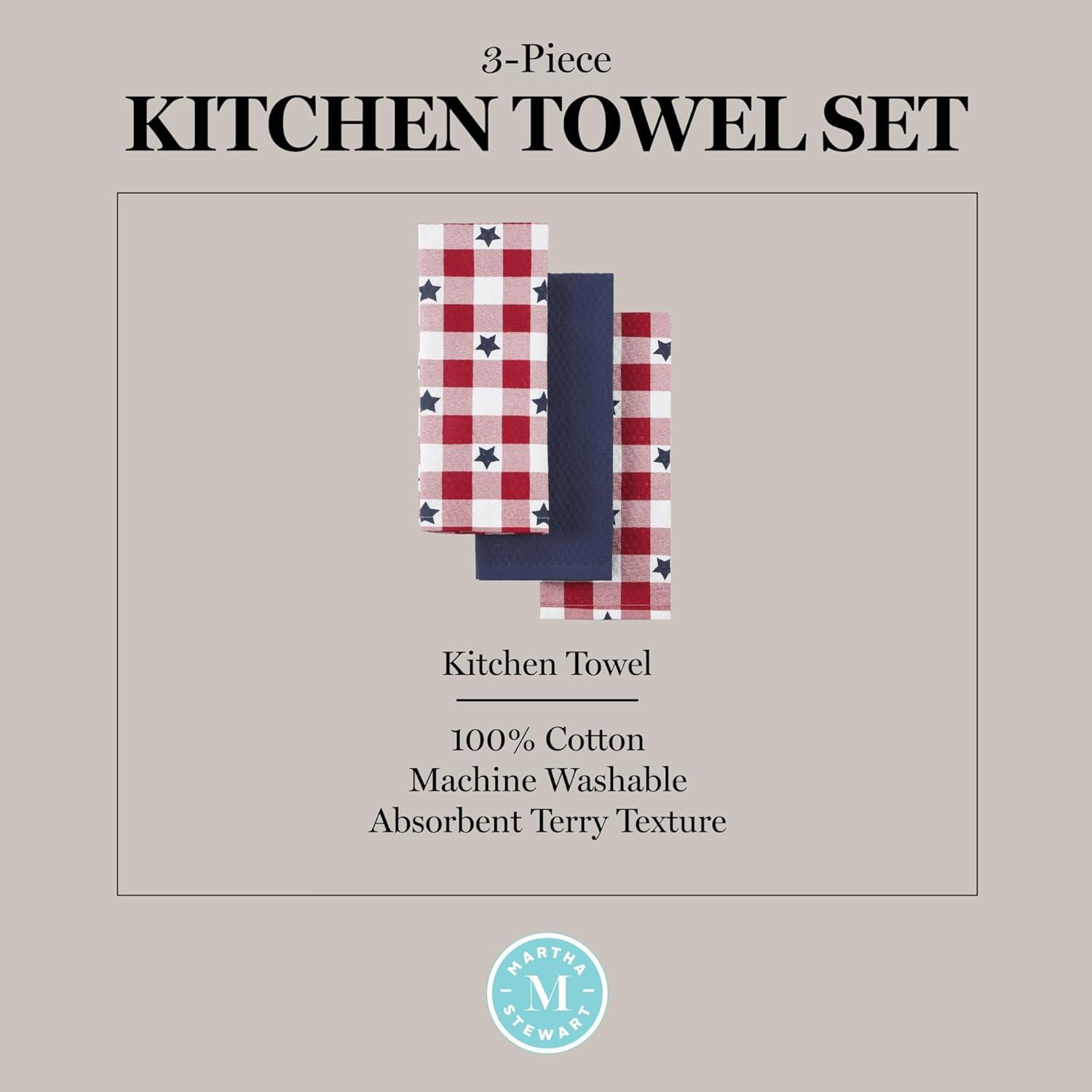 imageMartha Stewart Americana Star Gihgham Holiday Kitchen Towels 3Pack Set 100 Cotton Absorbent Patriotic USA America Decor RedWhiteBlue 16quotx28quot