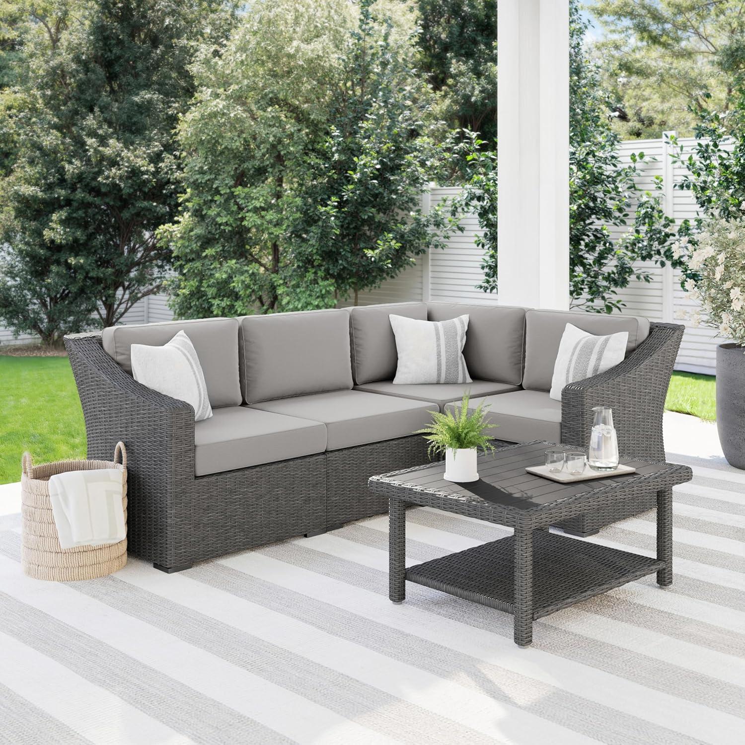 imageMartha Stewart Bedford IndoorOutdoor Modular Patio Sectional Sofa for 4 with Rattan Wicker Finish in Gray with Gray AllWeather Cushions