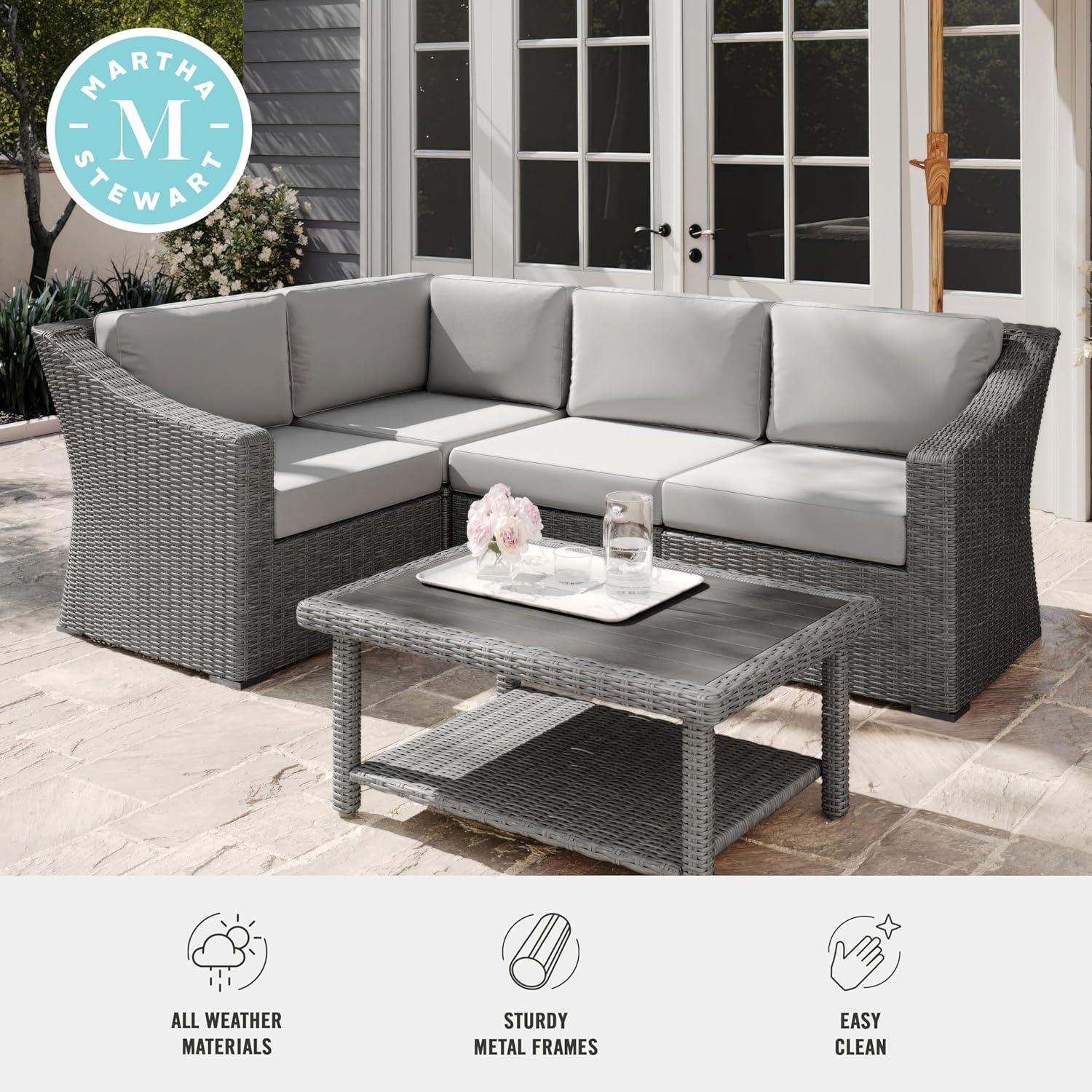 imageMartha Stewart Bedford IndoorOutdoor Modular Patio Sectional Sofa for 4 with Rattan Wicker Finish in Gray with Gray AllWeather Cushions