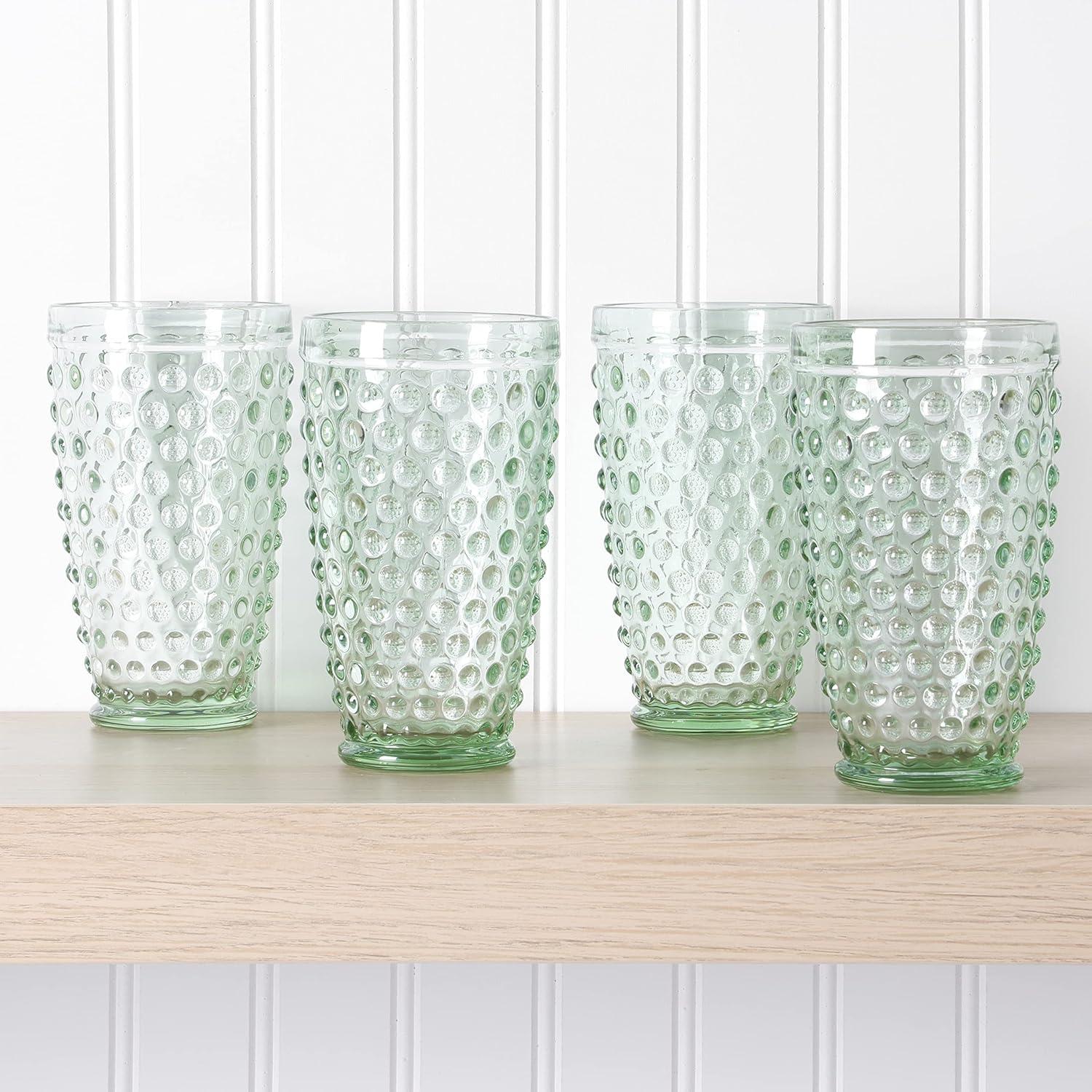 imageMartha Stewart Chauncey 4Pack Hobnail Glass Tumblers 143 oz Handmade Pink Drinking Glasses Vintage Textured Water Cups for Everyday Use or EntertainingGreen Hobnail