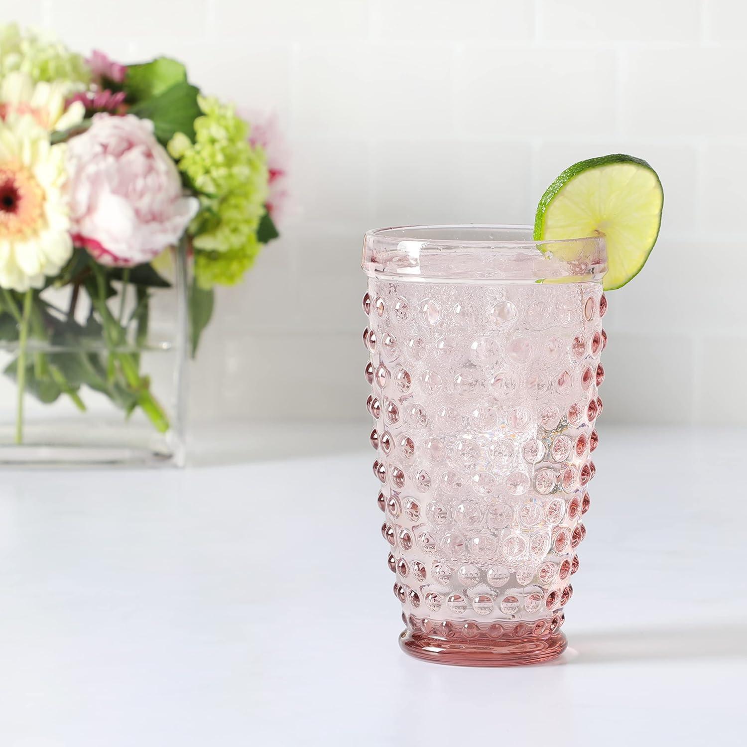 imageMartha Stewart Chauncey 4Pack Hobnail Glass Tumblers 143 oz Handmade Pink Drinking Glasses Vintage Textured Water Cups for Everyday Use or EntertainingPink Hobnail