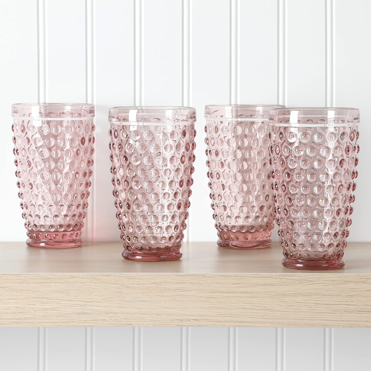 imageMartha Stewart Chauncey 4Pack Hobnail Glass Tumblers 143 oz Handmade Pink Drinking Glasses Vintage Textured Water Cups for Everyday Use or EntertainingPink Hobnail