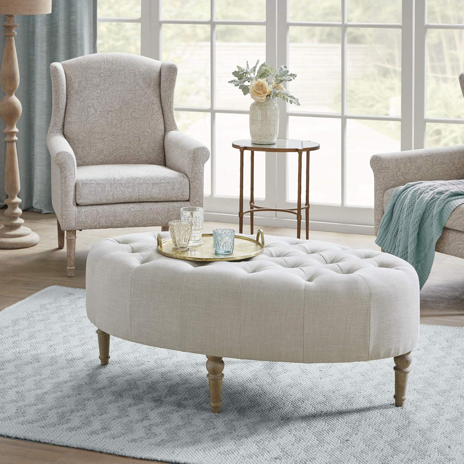 imageMartha Stewart Clara Coffee Table  Solid Wood Frame Soft Fabric Button Tufted Oval Large Accent Ottoman  Modern Foam Padded Top Footstool Cocktail Living Room Furniture Linen