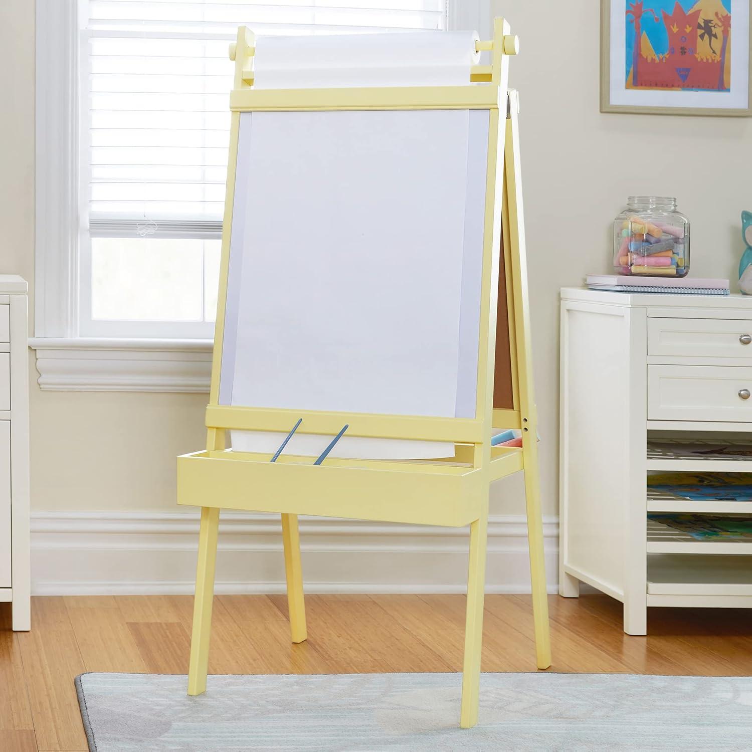 imageMartha Stewart Crafting Easel for Kids Pastel Yellow Wooden Chalkboard and Whiteboard with Easel Paper Roll AFrame Art Easel with Paint Cups Kids Easel for Classroom Classroom Furniture