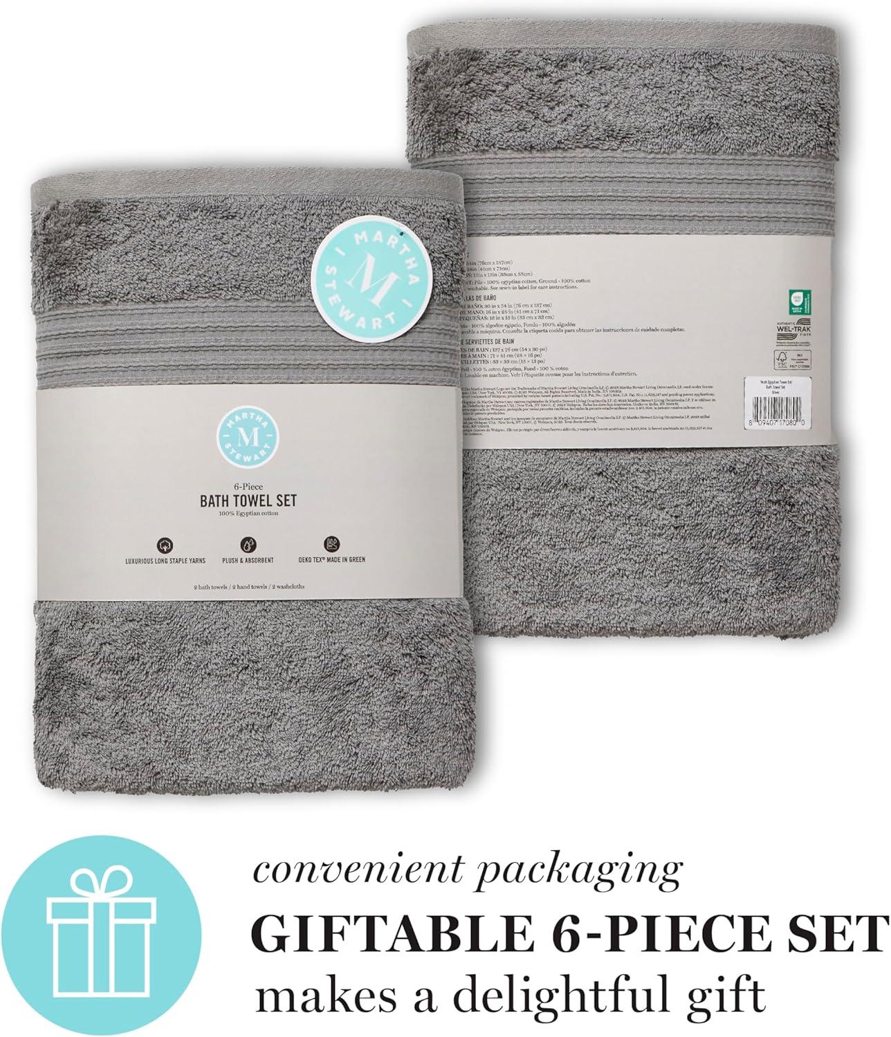 imageMartha Stewart Egyptian Cotton Bath Towels Set  6 Piece 2 Bath Towels  2 Hand Towels  2 Washcloths Absorbent Bathroom Towels Bathroom Essentials ButterDark Gray