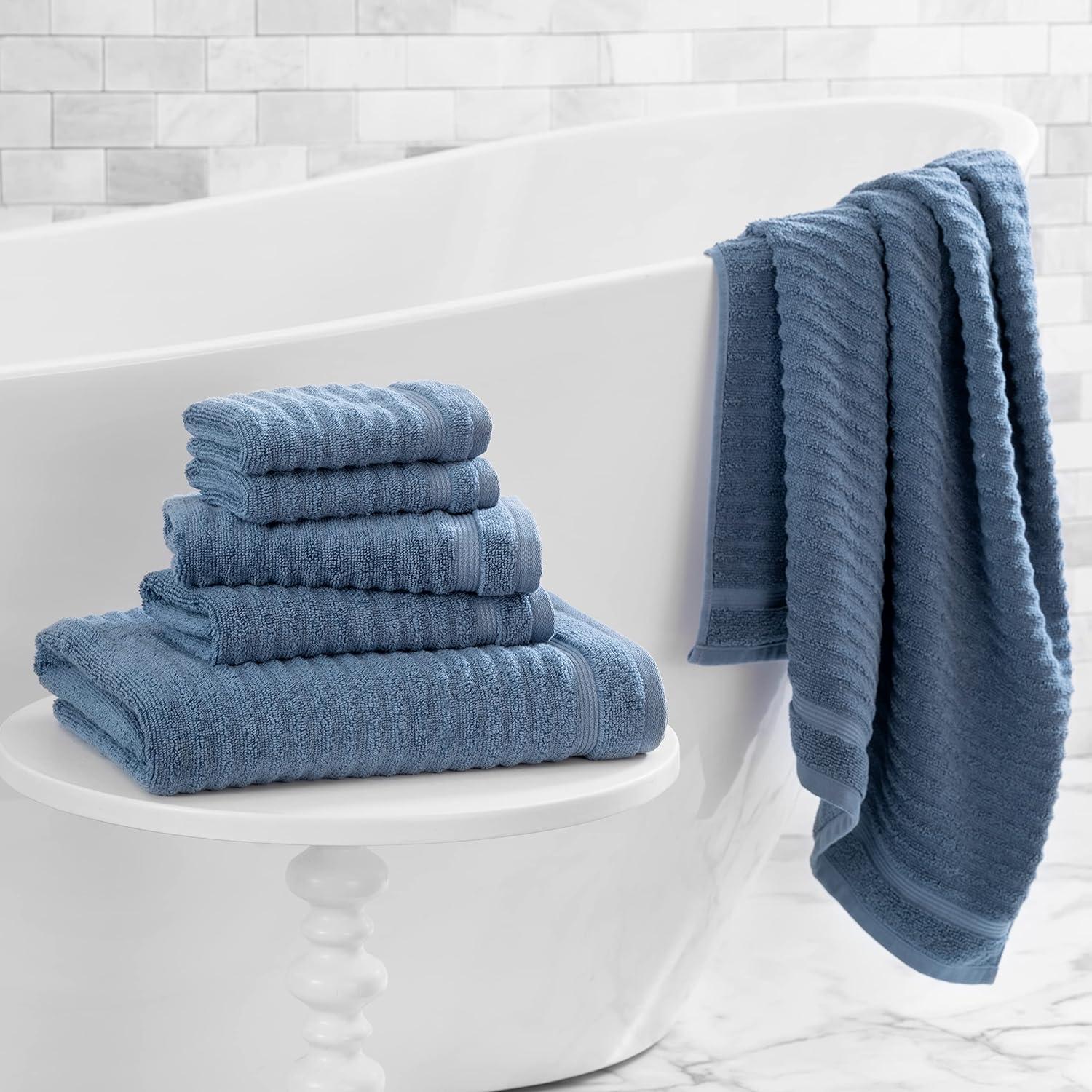 imageMartha Stewart Egyptian Cotton Bath Towels Set  6 Piece 2 Bath Towels  2 Hand Towels  2 Washcloths Absorbent Bathroom Towels Bathroom Essentials ButterTextured Blue