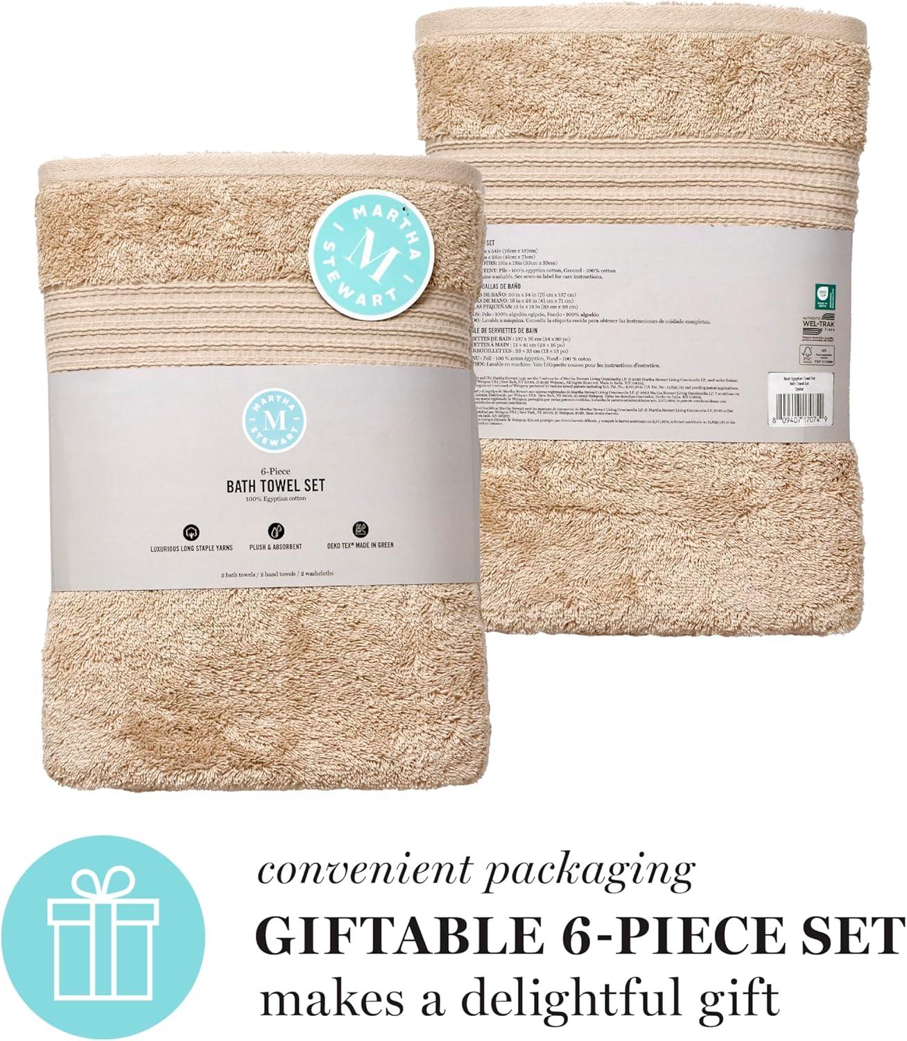 imageMartha Stewart Egyptian Cotton Bath Towels Set  6 Piece 2 Bath Towels  2 Hand Towels  2 Washcloths Absorbent Bathroom Towels Bathroom Essentials ButterOyster