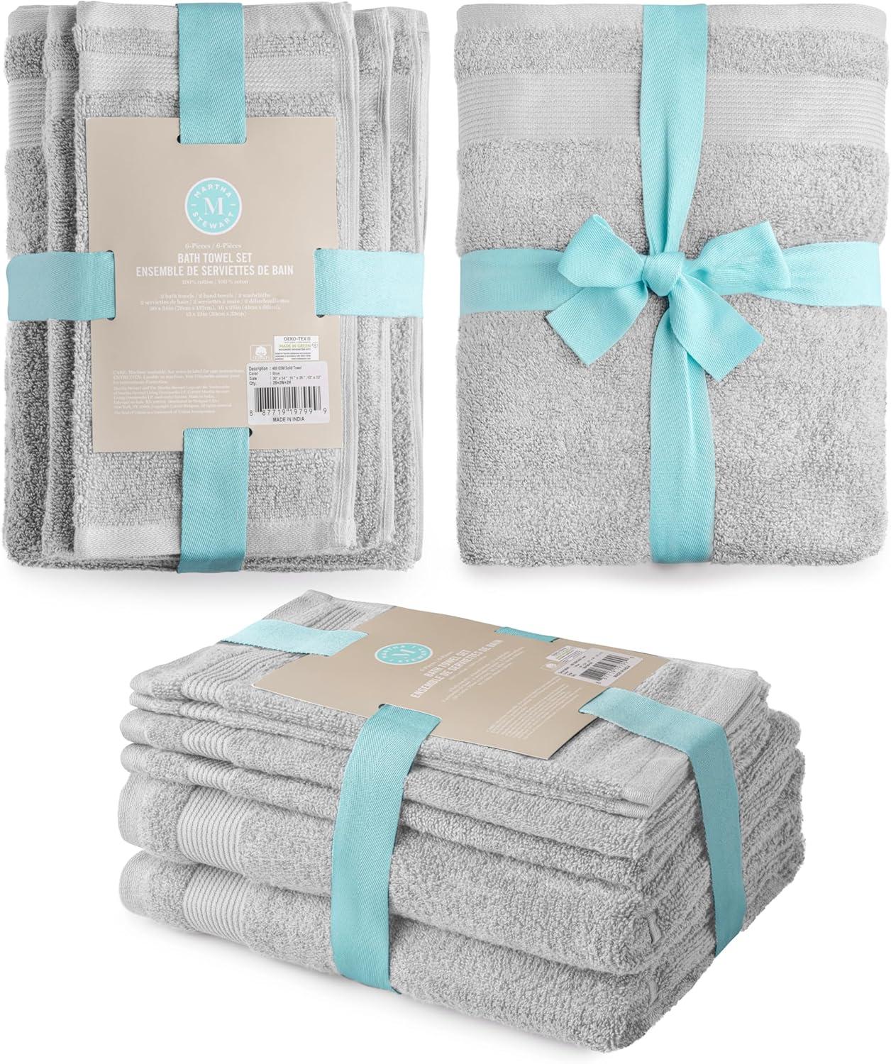 imageMartha Stewart Egyptian Cotton Bath Towels Set  6 Piece 2 Bath Towels  2 Hand Towels  2 Washcloths Absorbent Bathroom Towels Bathroom Essentials ButterLight Gray