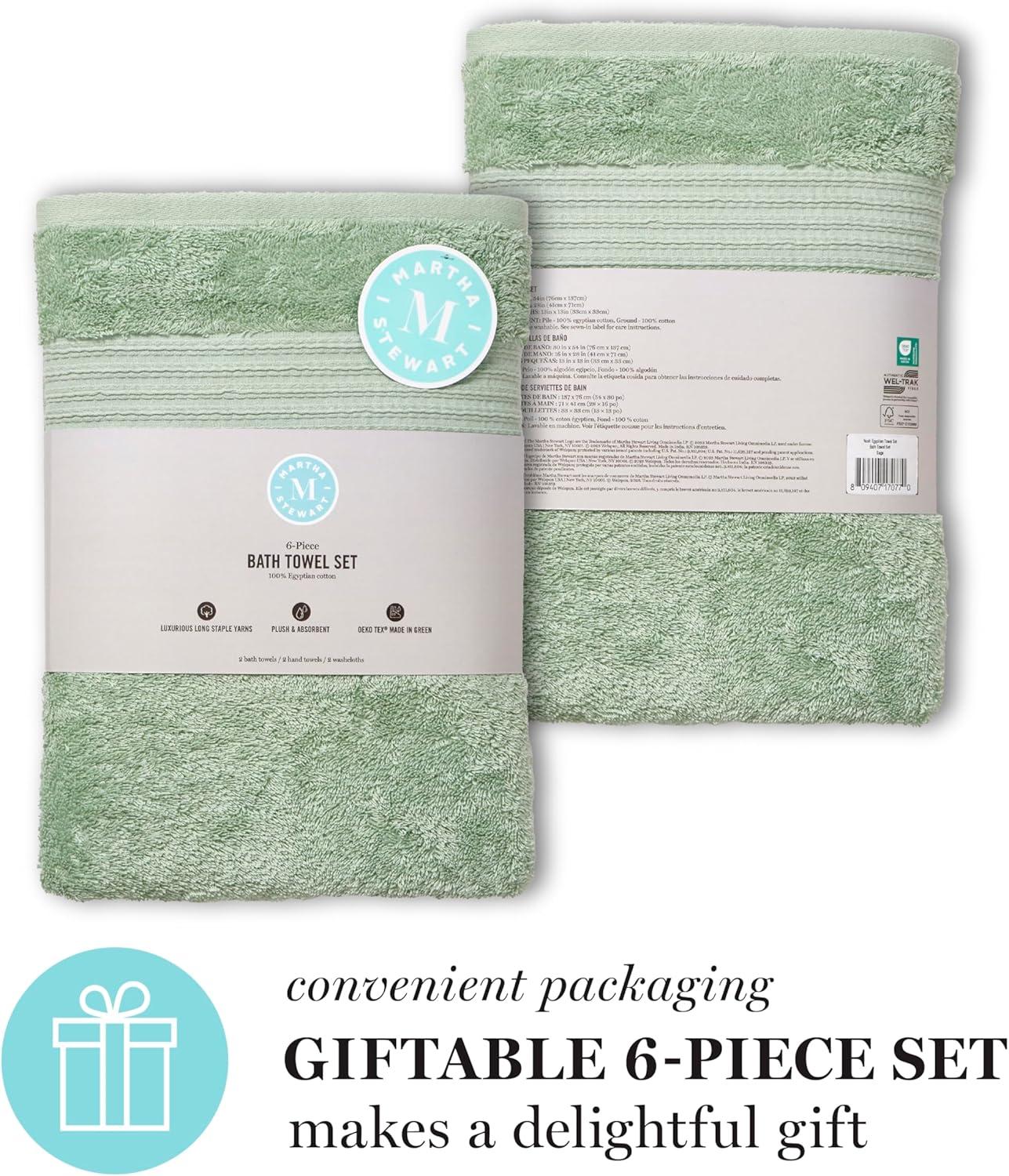 imageMartha Stewart Egyptian Cotton Bath Towels Set  6 Piece 2 Bath Towels  2 Hand Towels  2 Washcloths Absorbent Bathroom Towels Bathroom Essentials ButterSage