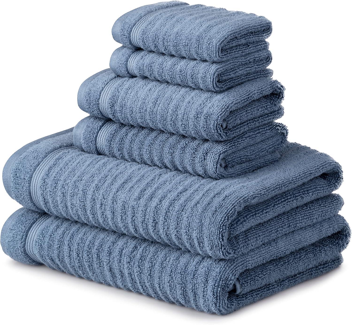 imageMartha Stewart Egyptian Cotton Bath Towels Set  6 Piece 2 Bath Towels  2 Hand Towels  2 Washcloths Absorbent Bathroom Towels Bathroom Essentials ButterTextured Blue