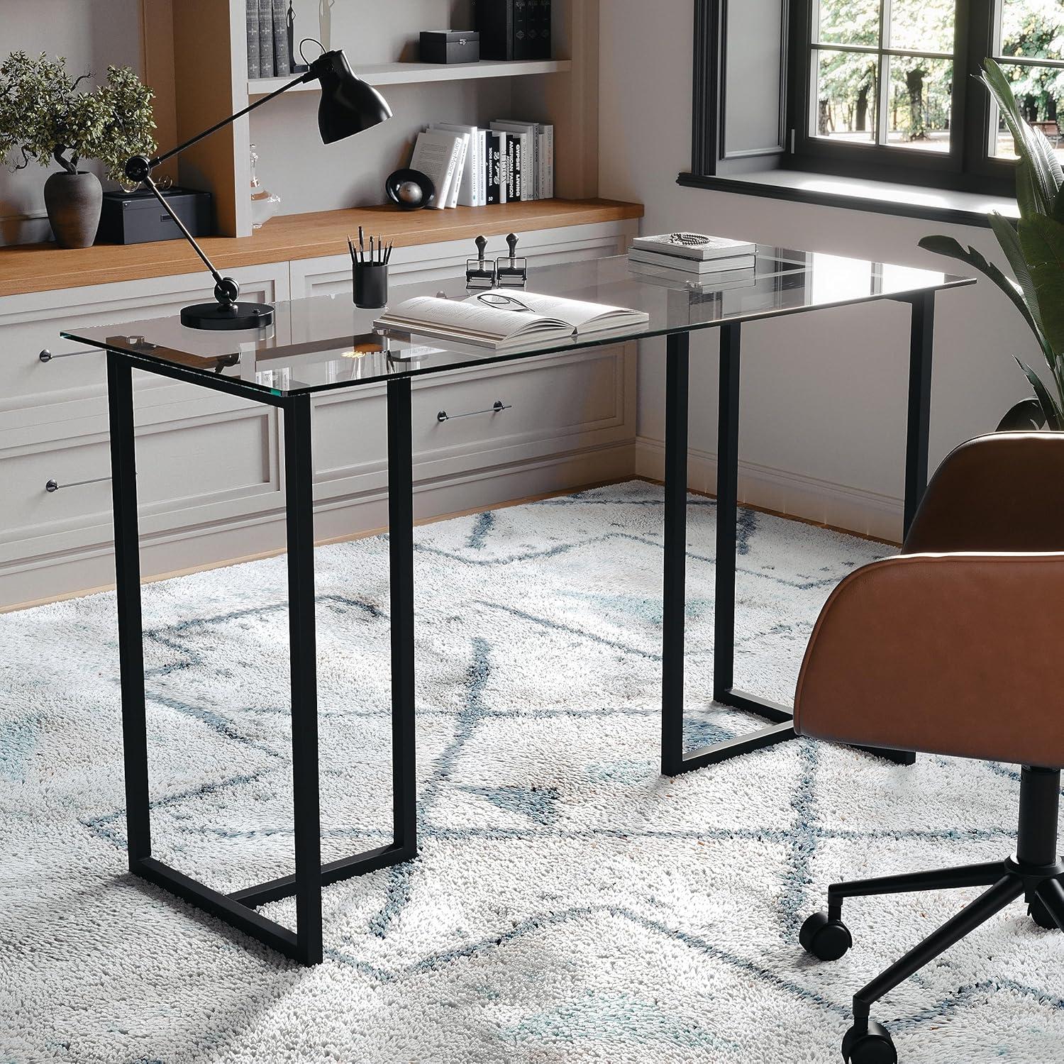 imageMartha Stewart Eli Home Office Desk with Glass Top and Steel Frame Polished BrassClear TopOil Rubbed Bronze Frame